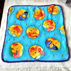 Hand Crafted blue Pooh & Friends fleece throw with purple crochet trim NEW
